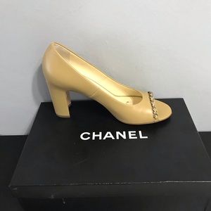 Chanel 16C beige calfskin leather open toe pump